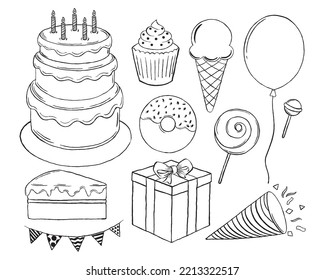 Birthday elements hand drawn doodle style sketch vector