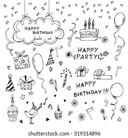 Birthday Elements. Hand Drawn Doodle Set With Birthday Cake, Balloons, Gift And Festive Attributes. Vector Illustration.