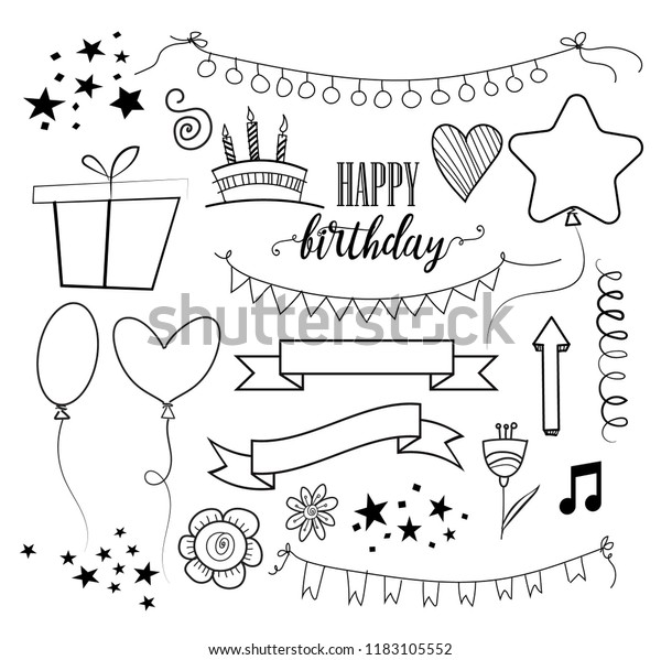 Birthday elements. Hand drawn doodle\
set of greeting card design elements. Vector\
illustration.