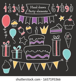 Birthday elements. Hand drawn set with birthday cake, balloons, gift and festive attributes. Children drawing doodle collection.