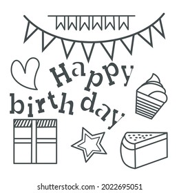 Elementos de cumpleaños. Juego dibujado a mano con torta de cumpleaños, banderas, corazón, regalo y estrella.