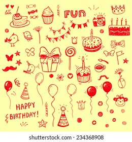 Birthday elements. Hand drawn set with birthday cakes, baloons, gift and festive attributes.