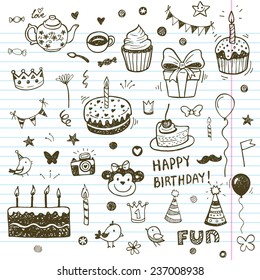 Birthday elements. Hand drawn set with birthday cakes, baloons, gift and festive attributes.