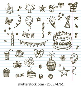 Birthday elements. Hand drawn set with birthday cake, balloons, gift and festive attributes. Children drawing doodle collection.
