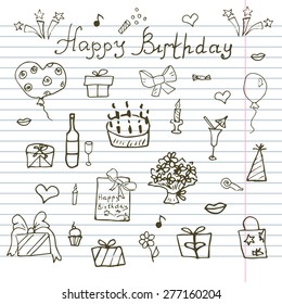 Birthday elements. Hand drawn set with birthday cake, balloons, gift and festive attributes. Children drawing doodle collection, on paper notebook.