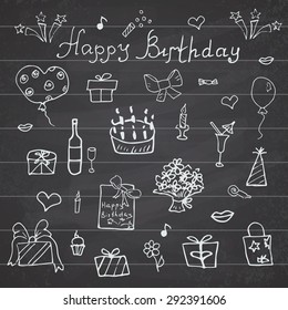 Birthday Elements. Hand Drawn Set With Birthday Cake, Balloons, Gift And Festive Attributes. Children Drawing Doodle Collection, On Chalkboard Background.