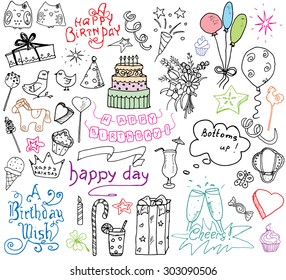 Birthday elements. Hand drawn set with birthday cake, balloons, gift and festive attributes. Children drawing doodle collection, isolated on white background