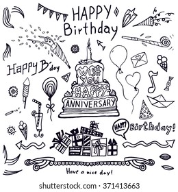 Birthday elements. Hand drawn set with birthday cake, balloons, gift and festive attributes. Children drawing doodle collection.