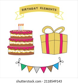 Birthday elements including cake, candle, present and bunting party
