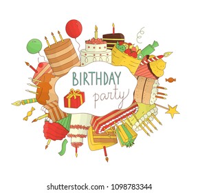 Birthday elements on  black and white vector background. Birthday party invitation or banner. Birthday cakes coloring page. Doodle style drawing of cakes with candles, balloons, presents, confetti, sw
