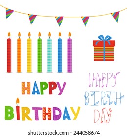 Birthday elements set  in bright colors. Candles, present box,flags and  text Happy Birthday. Good for scrapbooking or greeting card design
