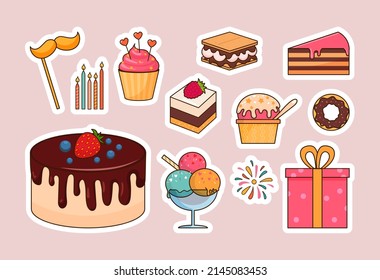 Birthday elements set. Collection of stickers for social networks. Holidays and leisure, party decoration and gift, cake and ice cream. Cartoon flat vector illustrations isolated on pink background