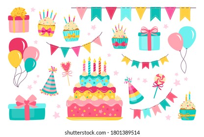 Birthday elements set. Colorful balloons celebration food and candy. Cartoon present cake, candle, gift box, cupcake. Party flat design elements, balloons, sweets dessert. Isolated vector illustration