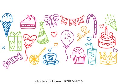 Birthday elements set, hand drawn party symbols vector illustration