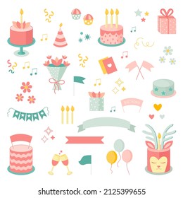 Birthday elements set. Icons. Balloons, present, cake, candle, gift box, cupcake. Party flat design elements. Isolated vector illustration