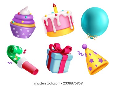 Birthday elements set vector design. Party element like cake, balloon, gift, party, hat and blow whistle for birthday celebration. Vector illustration collection of party objects.