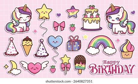 Birthday elements sticker clipart set. Happy birthday text, unicorn character, cake, ice cream, party hat, gift box, cake and rainbow magical elements in pink grid lines background party sticker clip 