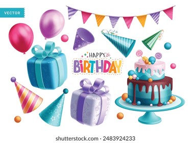 Birthday elements vector collection set design. Happy birthday greeting with blueberry cake, colorful party hat, gift box and balloons decoration elements. Vector illustration objects collection.
