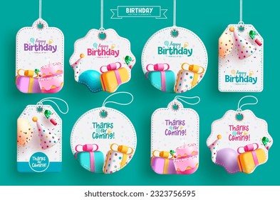 Diseño de conjuntos vectoriales de elementos de cumpleaños. Feliz texto de bienvenida de cumpleaños en coloridas tarjetas y etiquetas para la celebración de eventos navideños. Colección de etiquetas de regalo de ilustración de vector. 