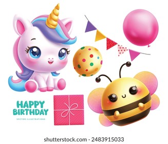 Elementos de cumpleaños Vector conjunto de diseño. Texto de felicitación de cumpleaños feliz con unicornio colorido lindo, personajes de abejas voladoras, globos, caja de regalo y banderines Elementos colección en fondo aislado blanco. 