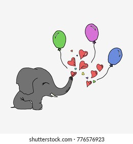 Birthday elephant with balloons. Postcard hand drawn vector illustration