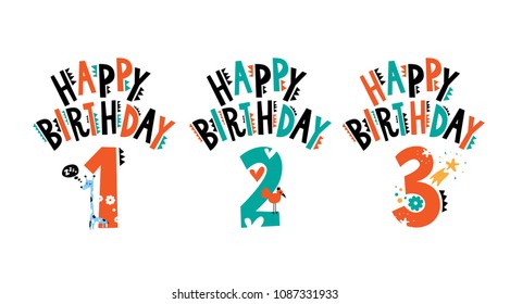 Birthday emblems set with cute animals and elements. Anniversary of 1, 2, 3 years.  Birthday template design. For kids party invitation