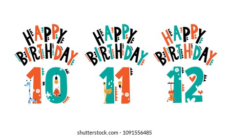 Birthday emblems set with cute animals and elements. Anniversary of 10, 11, 12 years.  Birthday template design. For kids party invitation, boy or girl Birthday.