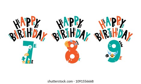 Birthday emblems set with cute animals and elements. Anniversary of 7, 8, 9 years.  Birthday template design. For kids party invitation, boy or girl Birthday.