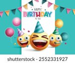 Birthday emoji clipart design. Happy birthday emoji characters with greeting text, pennants and balloons decoration elements. Vector illustration emoticons clip art.  
