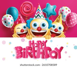 Birthday emoji clown vector design. Happy birthday text with emojis celebration characters in funny faces and balloons decoration for kids greeting card messages. Vector illustration.
