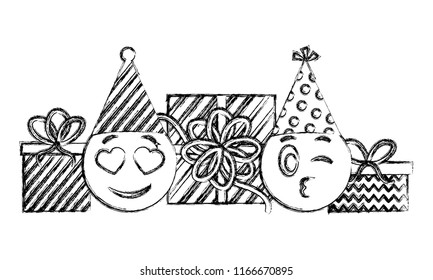 birthday emoji faces and wrapped gifts hand drawing