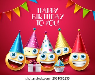 Birthday emoji greeting vector design. Happy birthday text with emoticon emojis in party hats, cupcake and gift celebration elements for celebrating birth day. Vector illustration.
