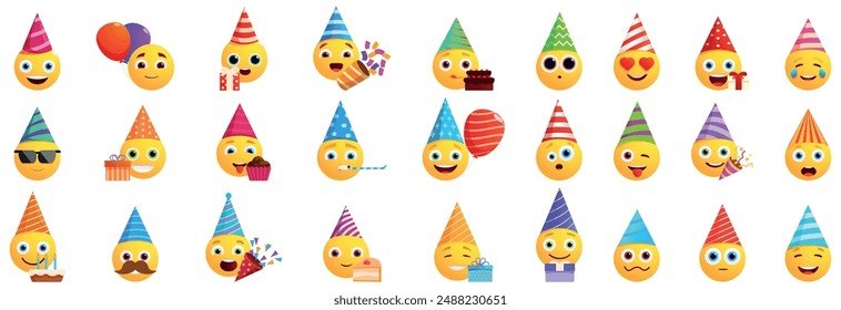 Birthday emoji icons set. Set of various yellow emojis wearing birthday hats and expressing different emotions for birthday party