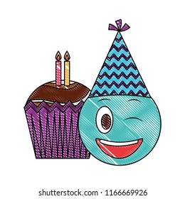 birthday emoji with party hat and cupcakes candles drawing color