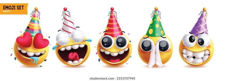 Conjunto de caracteres de vetor emoji de aniversário. Emojis feliz aniversário vestindo colorido vestido de chapéu de festa com expressões faciais como no amor, pateta, feliz, implorando, bonito e engraçado clip art coleção elementos.