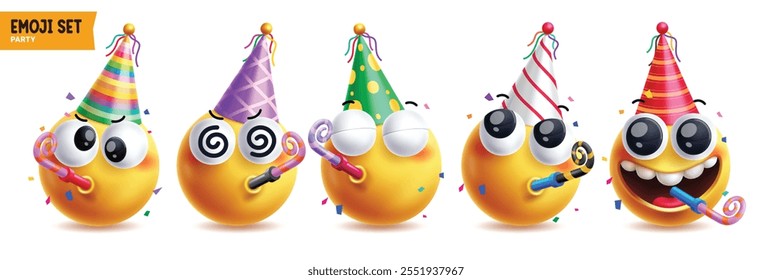 Conjunto de caracteres de vetor emoji de aniversário. Emojis de feliz aniversário vestindo chapéu de festa colorido e balão soprando com design gráfico de personagem sério, engraçado e tonto. Emoji brincalhão de ilustração vetorial 