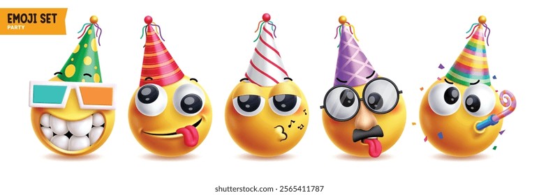 Birthday emoji vector characters set. Happy birthday emojis wearing colorful party hat with funny, cool, singing, mischievous, adult and blowing balloon clipart facial expressions. Vector illustration