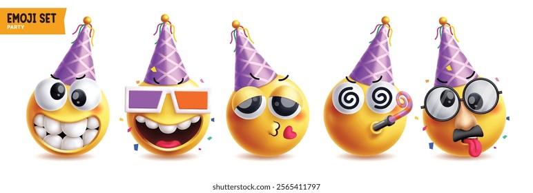 Birthday emoji vector characters set. Emojis clip art wearing purple hat in funny, cool, in love, dizzy and tired yellow icon graphic design elements. Vector illustration birthday party emoji costume 