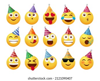 Geburtstag Emojis Charakter Vektorset Design. Geburtstag Emoji Gesichter in Partyhüte Muster mit süßem Gesichtsausdruck für Event Fest glückliche Emoticons Sammlung. Vektorgrafik.
