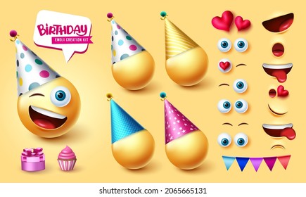 Birthday emojis creator vector set. Emoji 3d character kit with cute, happy and friendly editable face expression for birth day emoticon reaction collection design. Vector illustration.
