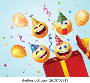 Birthday emojis gift vector design. Emoji happy and funny faces in surprise explosion box with hats, balloons and confetti elements for party celebration emoticons. Vector illustration.
