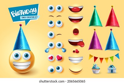 Juego de vectores de creador del kit de emojis de cumpleaños. Personaje Emoji de 3d cumpleaños con partes de cara editables y elementos como sombreros de fiesta, penitentes y regalo para el diseño de la colección de reacciones faciales lindas.