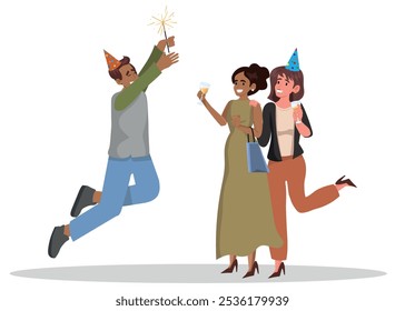 Birthday or Event Party Celebration. Cheerful People in Festive Hats with Wine Glasses and Sparklers in Hands Celebrating Holiday. Young Male and Female Characters Rejoice. Cartoon Vector Illustration