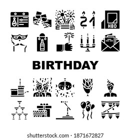 Birthday Event Party Collection Icons Set Vector. Envelope With Birthday Invitation And Calendar Date, Pinata With Candies And Burning Candles Glyph Pictograms Black Illustrations