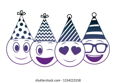 birthday face emojis celebrating with party hat neon design