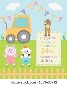 Birthday farm card for boy and girl .Vectorial illustration.