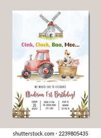 birthday farm theme watercolor invitation card template