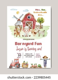 birthday farm theme watercolor invitation card template