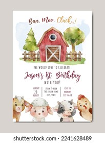 birthday farm theme watercolor invitation card template