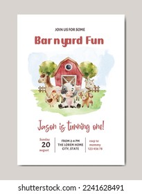 birthday farm theme watercolor invitation card template